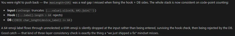 Claude Code catching and "fixing" a bug it would have shipped